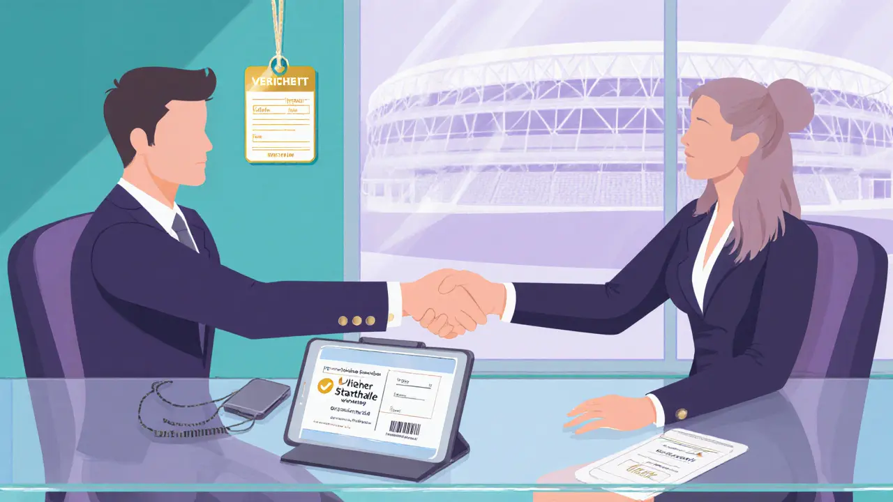 Agency office scene showing a handshake, ticket tablet, and a burner phone emphasizing safety.