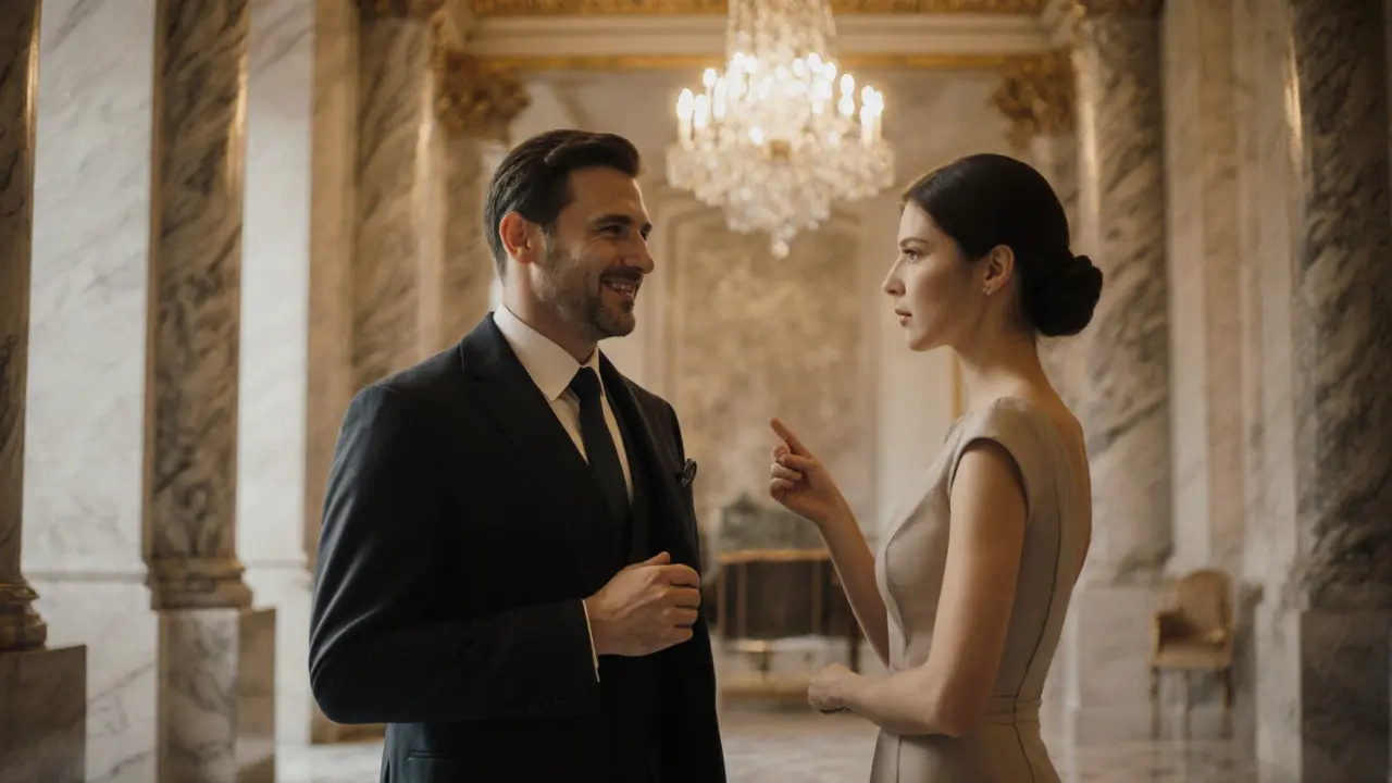 Elegant Viennese hotel lobby with client and escort exchanging a polite smile and verbal cue.