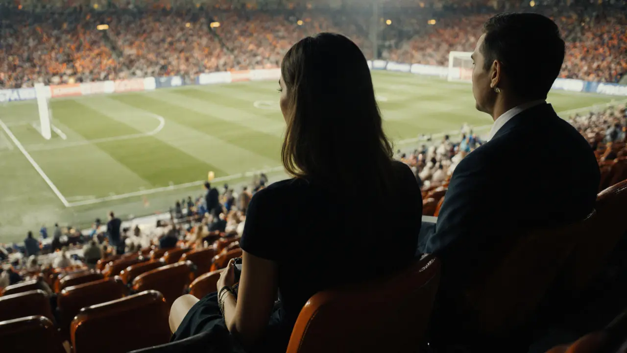 Escort and client seated in a VIP section of a stadium watching a night football match.