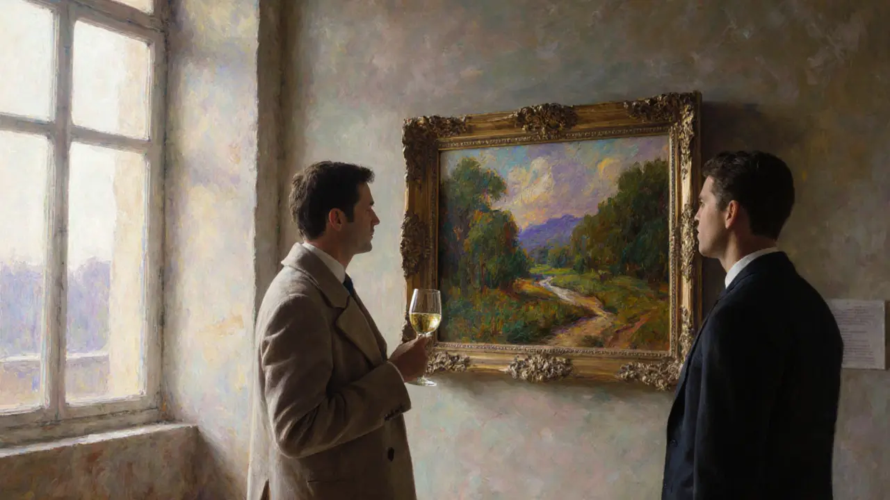 Escort and client sharing wine while viewing an Impressionist painting in the Belvedere.