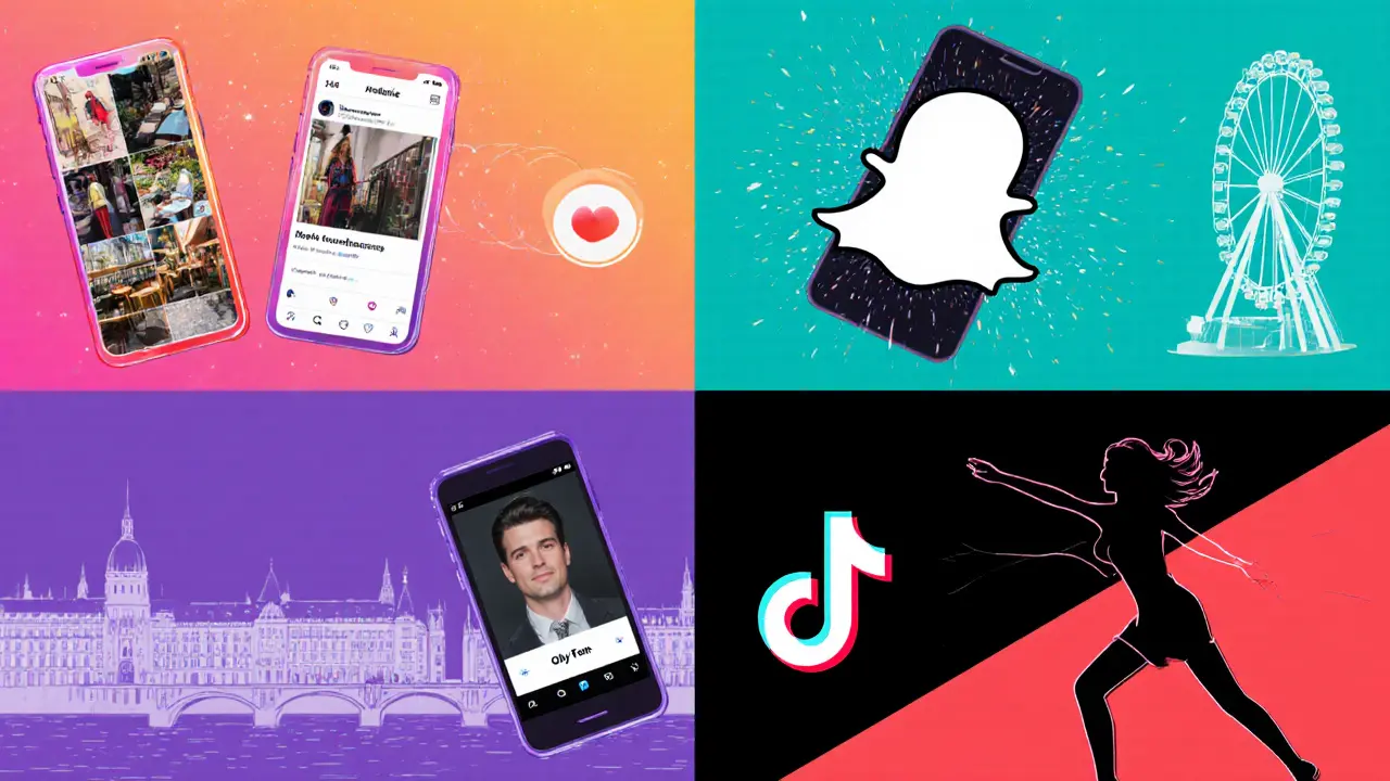Four phone screens showing Instagram, Snapchat, OnlyFans, and TikTok over a Vienna café backdrop.