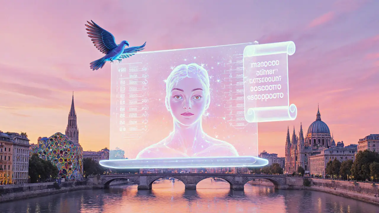 Futuristic AI hologram, blockchain icons, and a Mastodon bird floating above Vienna skyline at sunrise.
