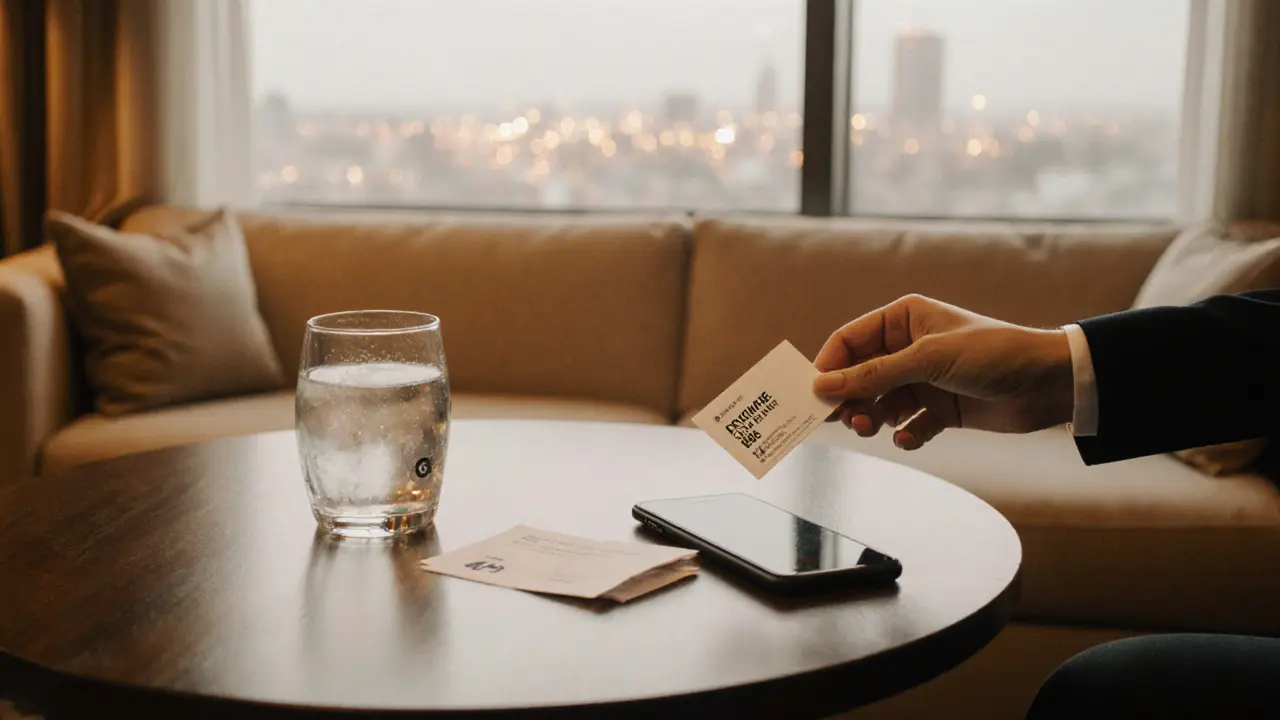 Hotel lounge table with a registration card, phone, and water glass, highlighting safety measures.