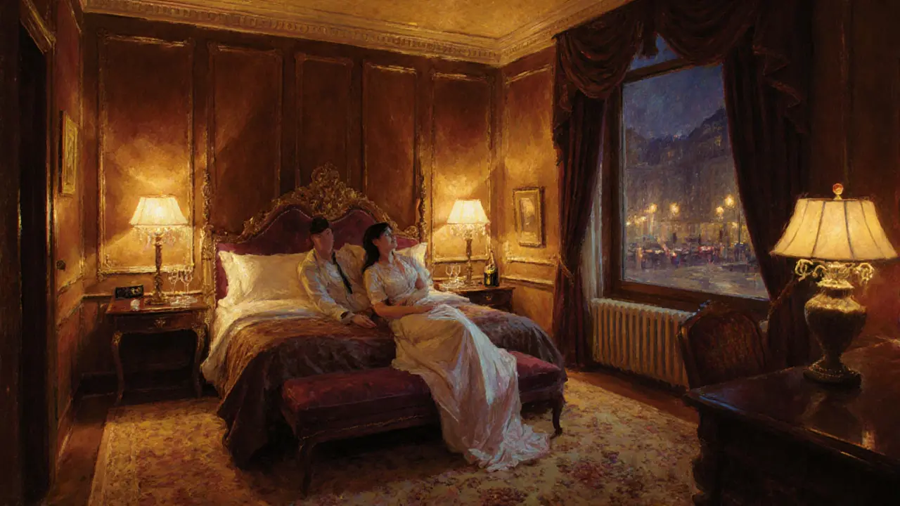 Luxurious hotel suite with a couple sharing champagne by candlelight.