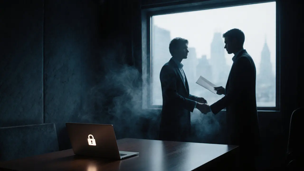 Moody lounge with silhouetted figures exchanging a discreet envelope under soft light.