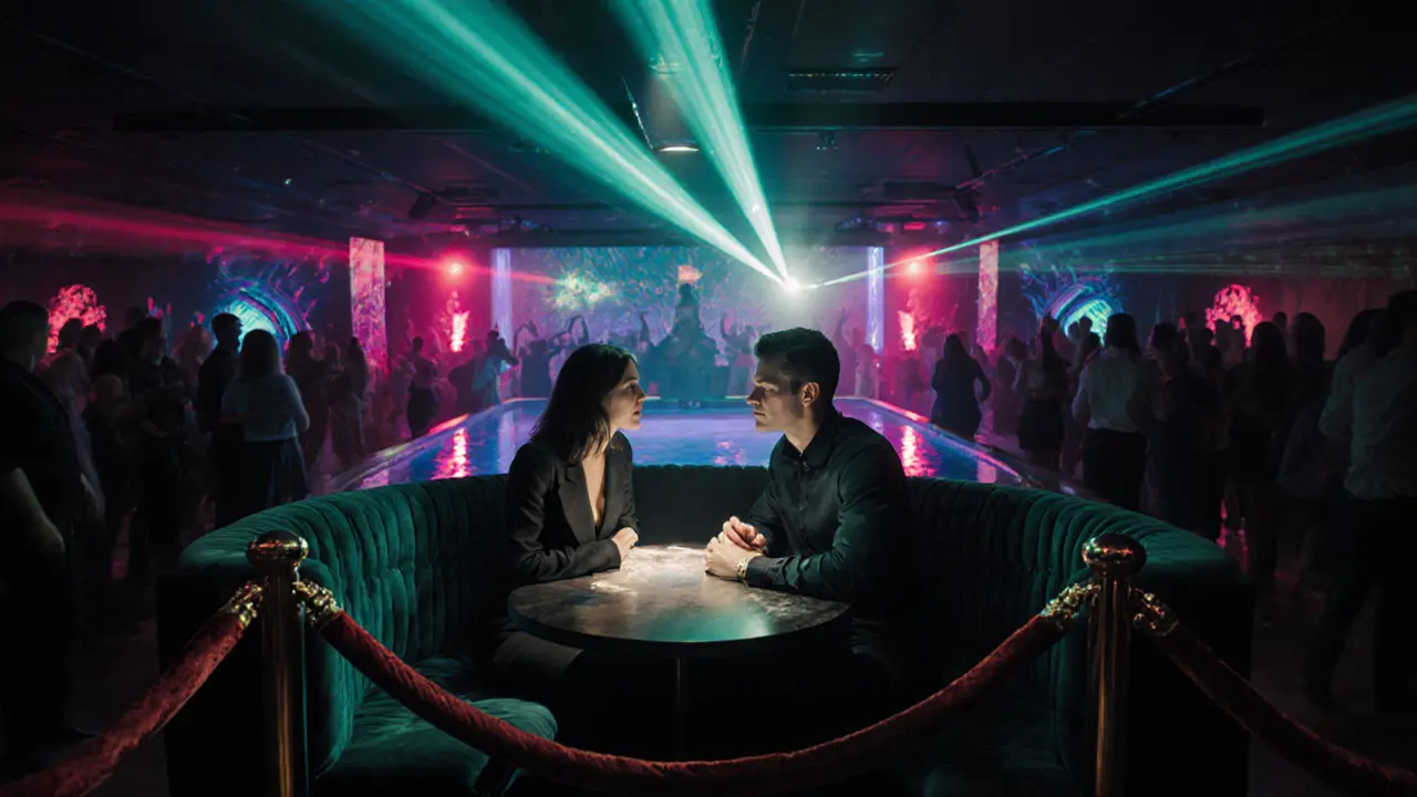 Nightclub VIP booth with a couple chatting amid vibrant lights and dancing crowd.