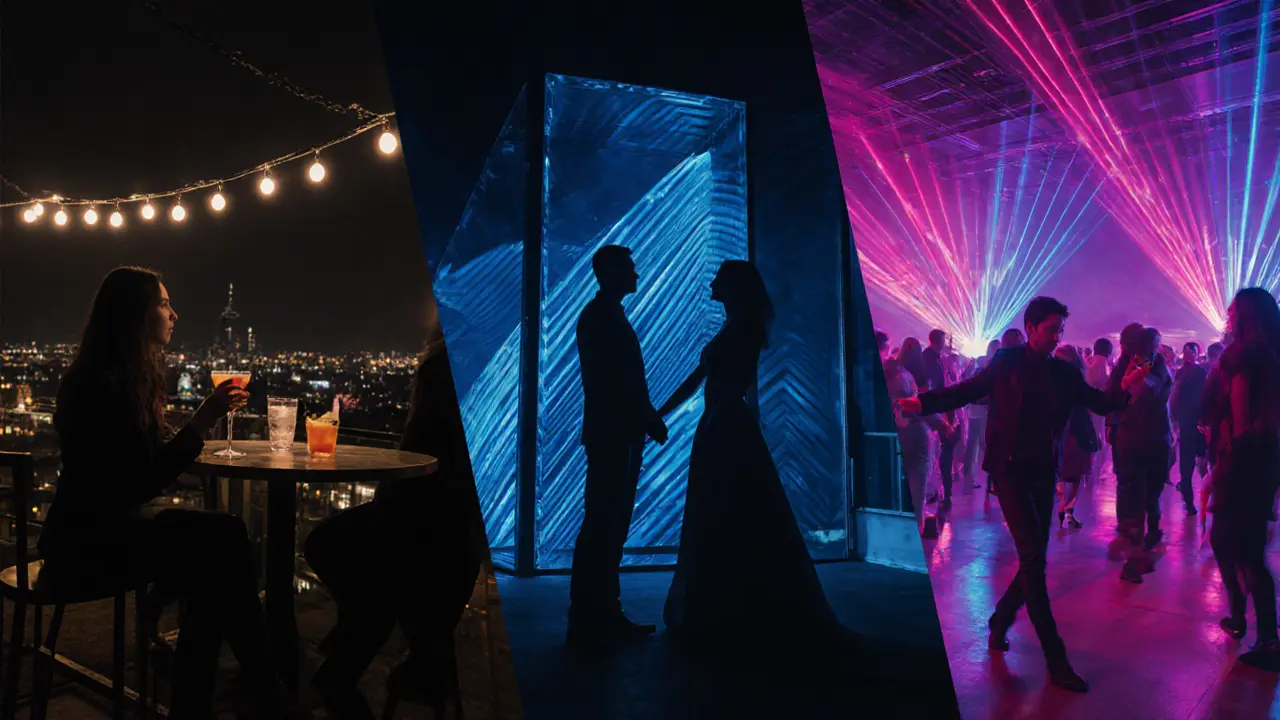 Nighttime collage of cocktail bar, museum opening, and techno club with an escort and client.