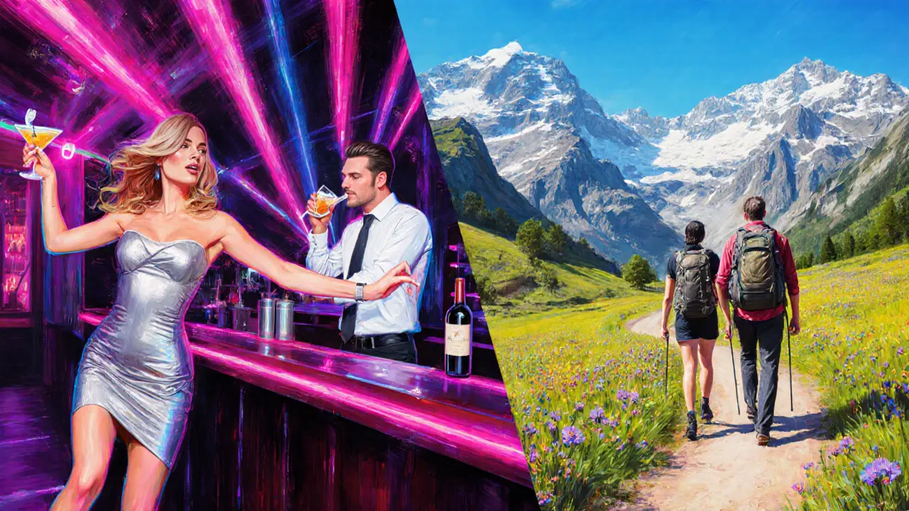Split scene of nightclub dancing and Alpine hike with companion and client.