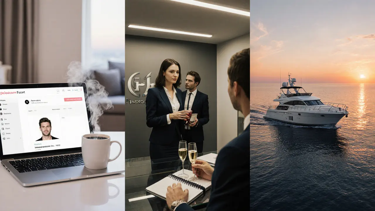 Three panels showing an apartment with a laptop, an agency office reception, and a yacht dinner for VIP escorts.