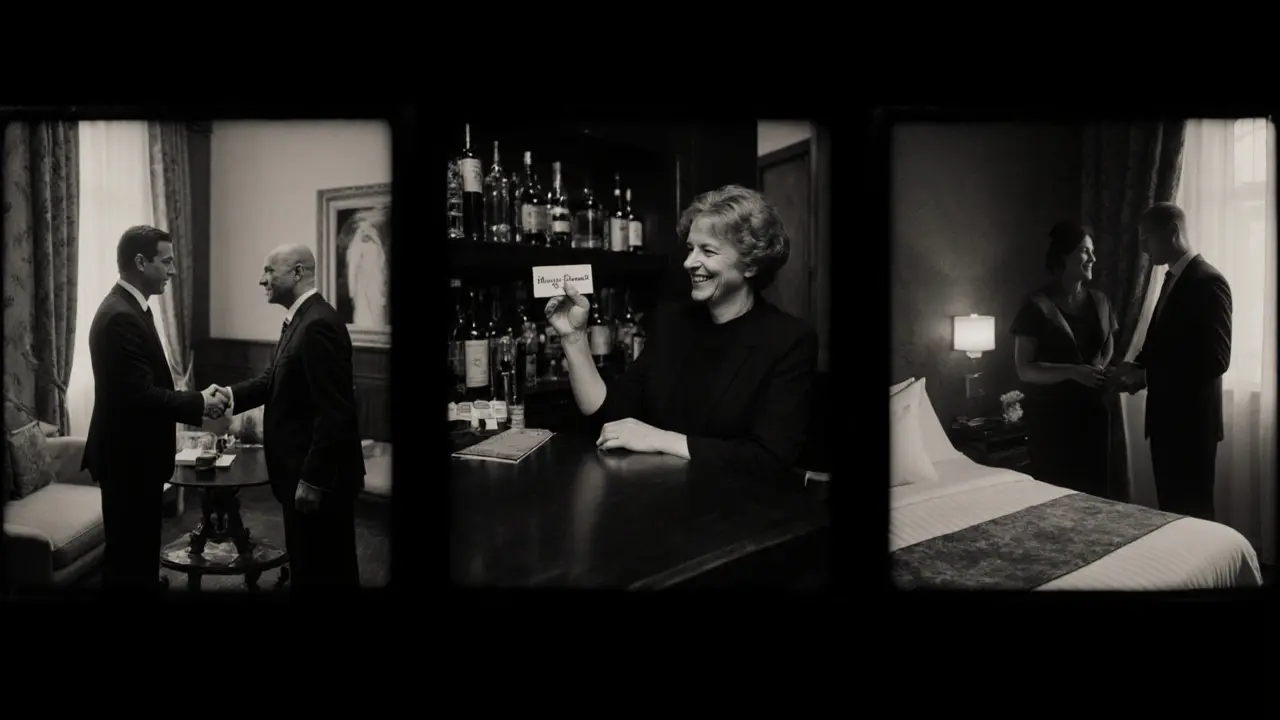 Three Vienna farewell scenes: handshake in hotel, card payment in bar, gentle touch in apartment.