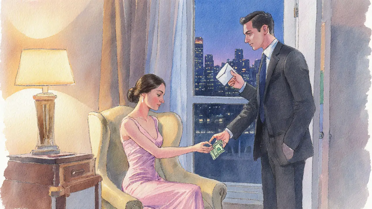 Warm hotel suite where client hands cash and tip to escort before leaving at dusk.
